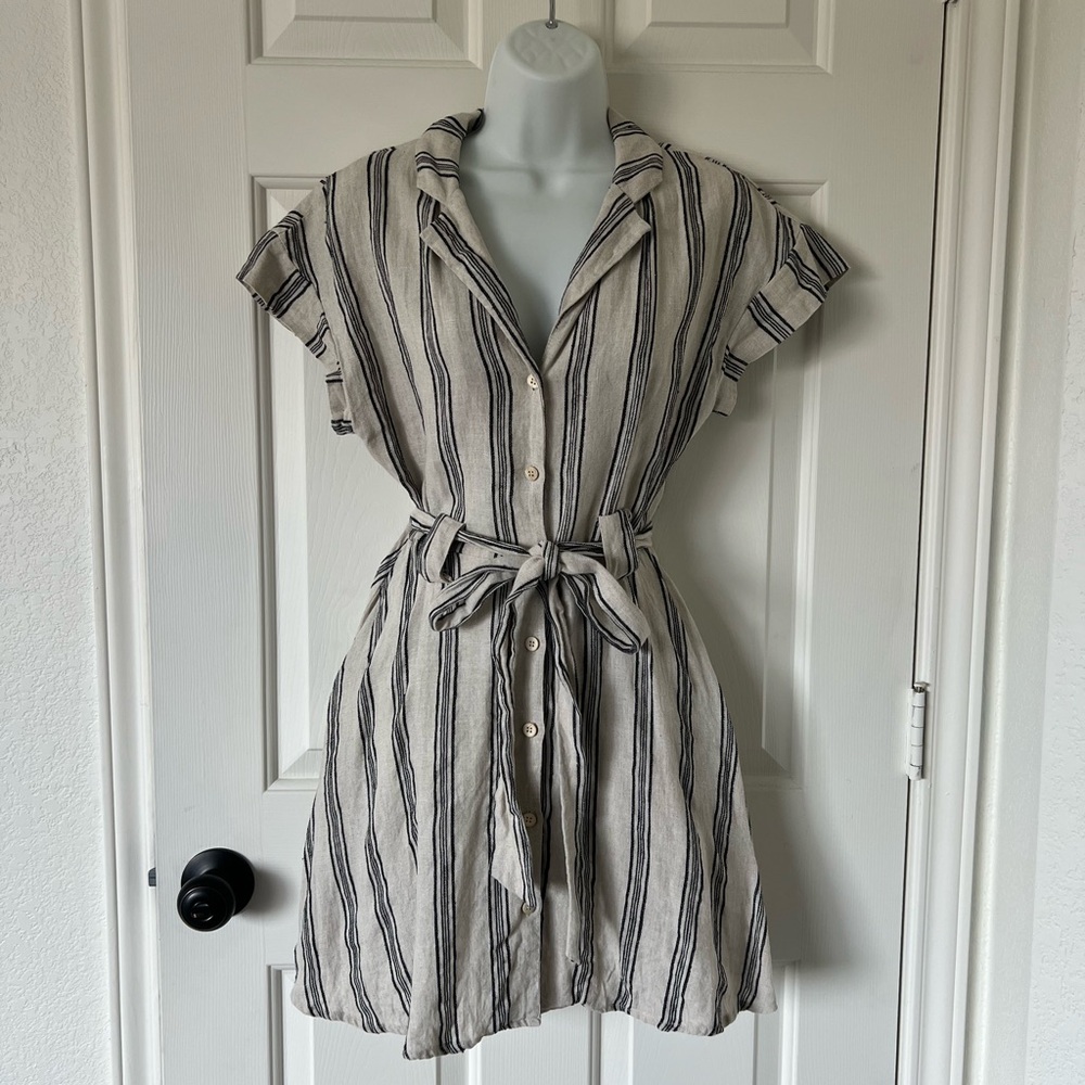 Striped Button-Down Linen Mini Dress